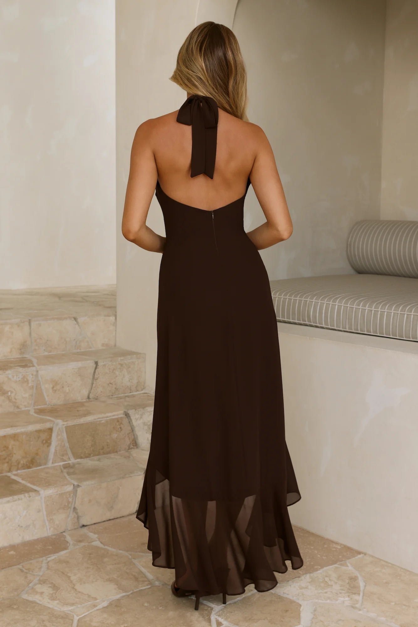 Dark Luxe Halter High-Low Maxi Dress Chocolate