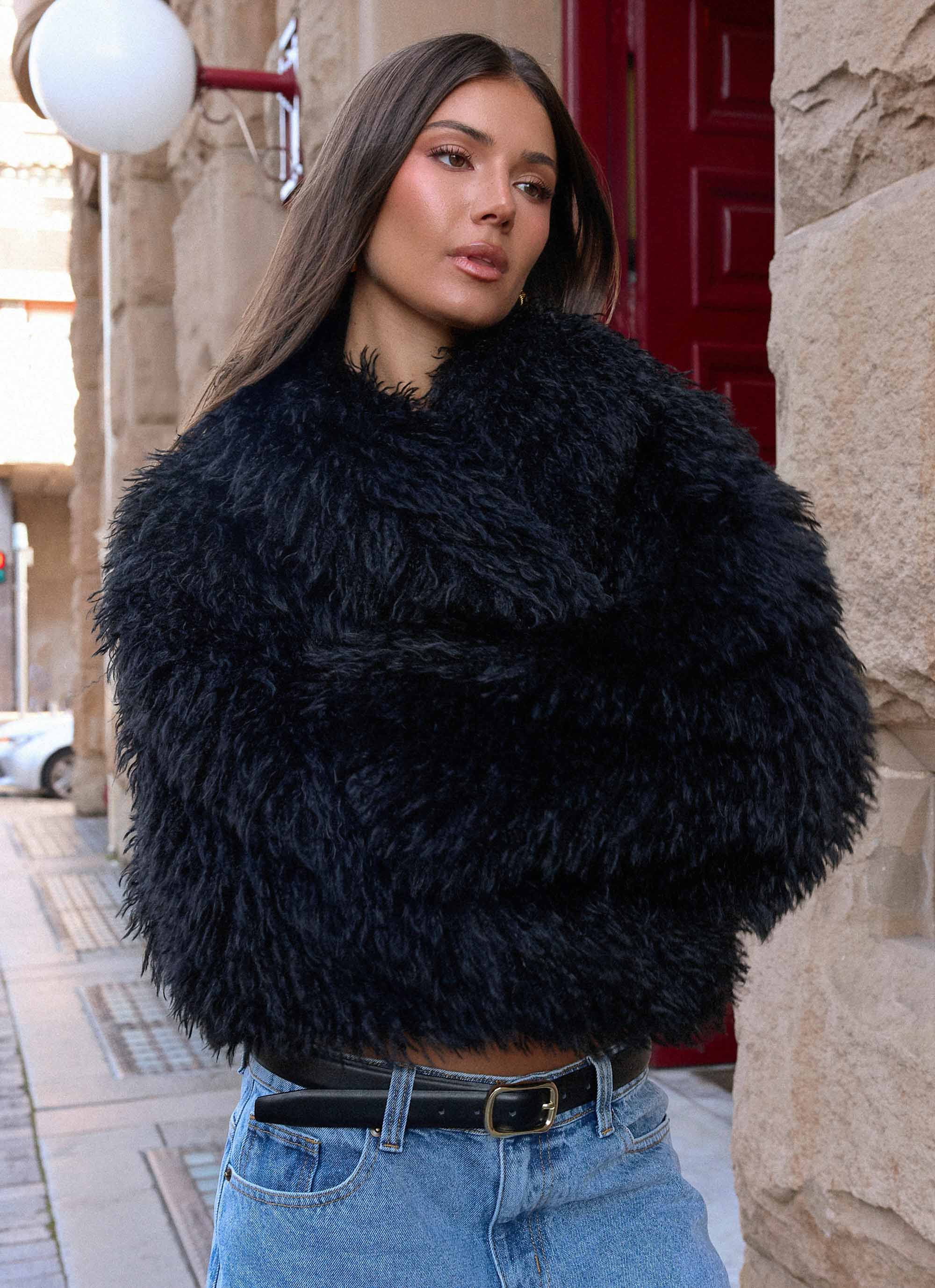 Virginia Cropped Faux Fur Jacket - Black